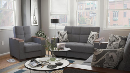Modern design, Salt and Pepper Gray , Chenille upholstered convertible Armchair with underseat storage from Voyage Luxe by Ottomanson in living room lifestyle setting with another piece of furniture. This Armchair measures 38 inches width by 36 inches depth by 41 inches height.