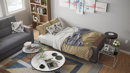 Modern design, Salt and Pepper Gray , Chenille  upholstered convertible sleeper Sofabed with underseat storage from Voyage Luxe by Ottomanson in living room lifestyle setting converted to sleeper. This Sofabed measures 90 inches width by 36 inches depth by 41 inches height.