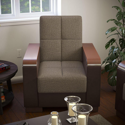Modern design, Tannin Brown, Dark Brown , Chenille, Artificial Leather upholstered convertible Armchair with underseat storage from Voyage Luxe by Ottomanson in living room lifestyle setting by itself. This Armchair measures 38 inches width by 36 inches depth by 41 inches height.