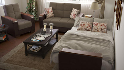 Modern design, Tannin Brown, Dark Brown , Chenille, Artificial Leather  upholstered convertible Armchair with underseat storage from Voyage Luxe by Ottomanson in living room lifestyle setting converted to sleeper. This Armchair measures 38 inches width by 36 inches depth by 41 inches height.