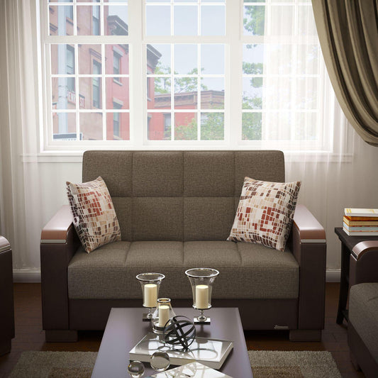 Modern design, Tannin Brown, Dark Brown , Chenille, Artificial Leather upholstered convertible sleeper Loveseat with underseat storage from Voyage Luxe by Ottomanson in living room lifestyle setting by itself. This Loveseat measures 67 inches width by 36 inches depth by 41 inches height.