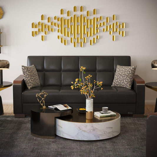 Modern design, Black , Artificial Leather upholstered convertible sleeper Sofabed with underseat storage from Voyage Luxe by Ottomanson in living room lifestyle setting by itself. This Sofabed measures 90 inches width by 36 inches depth by 41 inches height.
