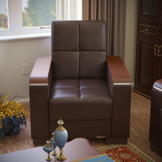 Modern design, Dark Brown , Artificial Leather upholstered convertible Armchair with underseat storage from Voyage Luxe by Ottomanson in living room lifestyle setting by itself. This Armchair measures 38 inches width by 36 inches depth by 41 inches height.
