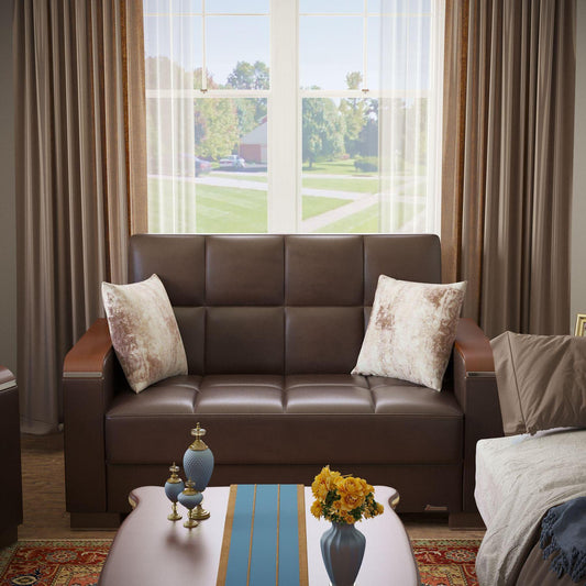 Modern design, Dark Brown , Artificial Leather upholstered convertible sleeper Loveseat with underseat storage from Voyage Luxe by Ottomanson in living room lifestyle setting by itself. This Loveseat measures 67 inches width by 36 inches depth by 41 inches height.
