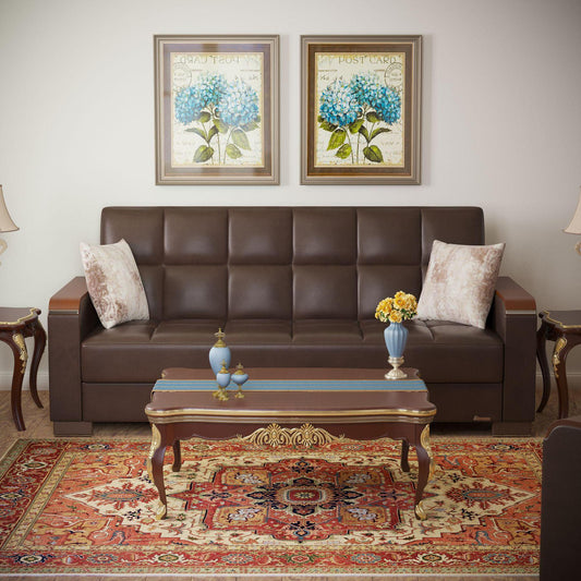 Modern design, Dark Brown , Artificial Leather upholstered convertible sleeper Sofabed with underseat storage from Voyage Luxe by Ottomanson in living room lifestyle setting by itself. This Sofabed measures 90 inches width by 36 inches depth by 41 inches height.
