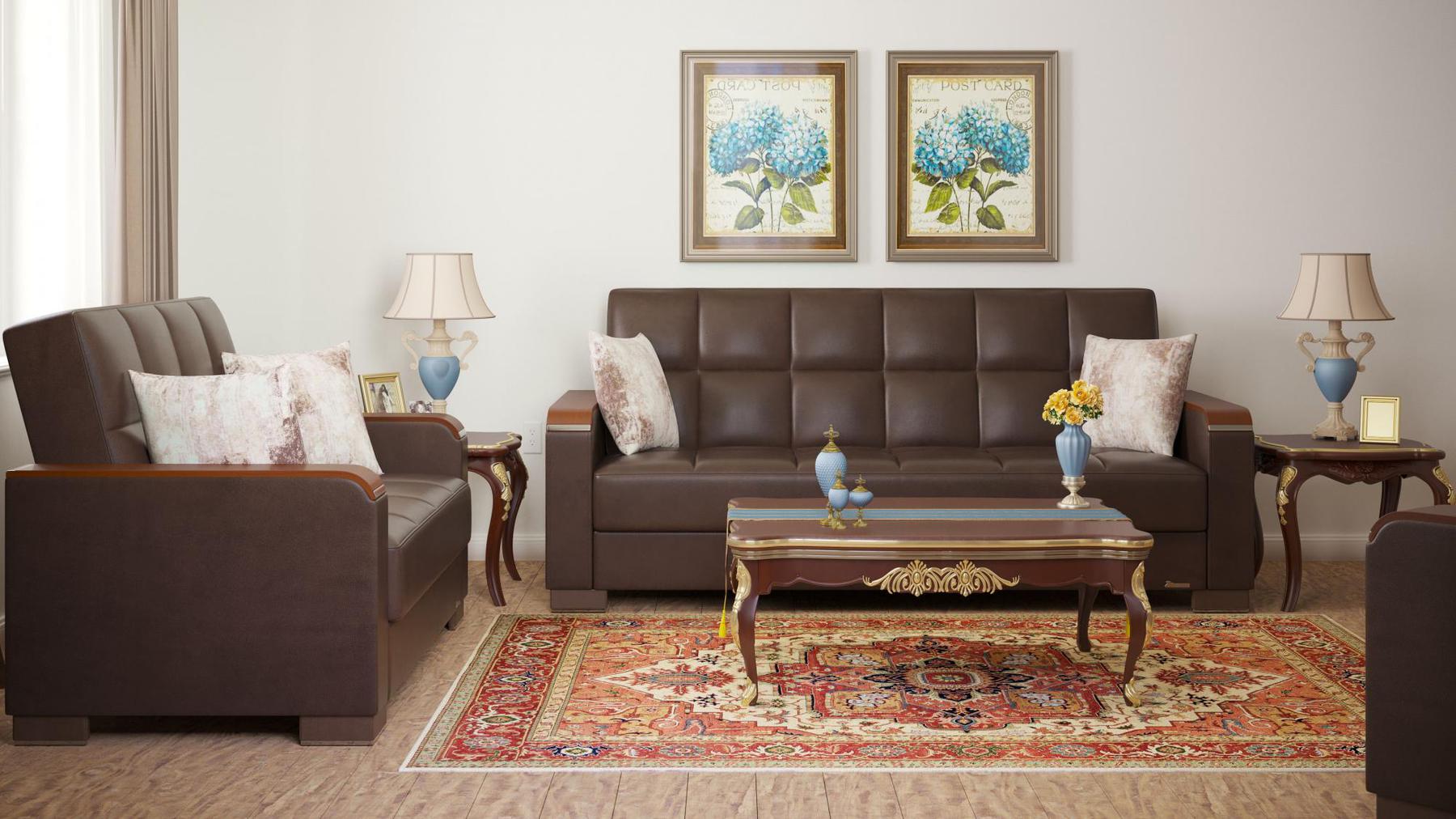 Modern design, Dark Brown , Artificial Leather upholstered convertible sleeper Sofabed with underseat storage from Voyage Luxe by Ottomanson in living room lifestyle setting with another piece of furniture. This Sofabed measures 90 inches width by 36 inches depth by 41 inches height.