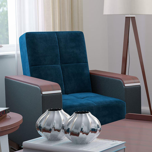 Modern design, Snorkel Blue, Black , Microfiber, Artificial Leather upholstered convertible Armchair with underseat storage from Voyage Luxe by Ottomanson in living room lifestyle setting by itself. This Armchair measures 38 inches width by 36 inches depth by 41 inches height.