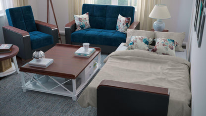 Modern design, Snorkel Blue, Black , Microfiber, Artificial Leather  upholstered convertible Armchair with underseat storage from Voyage Luxe by Ottomanson in living room lifestyle setting converted to sleeper. This Armchair measures 38 inches width by 36 inches depth by 41 inches height.