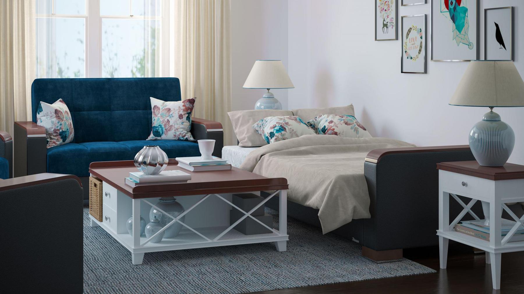 Modern design, Snorkel Blue, Black , Microfiber, Artificial Leather  upholstered convertible sleeper Loveseat with underseat storage from Voyage Luxe by Ottomanson in living room lifestyle setting converted to sleeper. This Loveseat measures 67 inches width by 36 inches depth by 41 inches height.