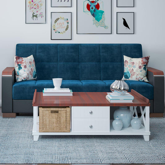 Modern design, Snorkel Blue, Black , Microfiber, Artificial Leather upholstered convertible sleeper Sofabed with underseat storage from Voyage Luxe by Ottomanson in living room lifestyle setting by itself. This Sofabed measures 90 inches width by 36 inches depth by 41 inches height.