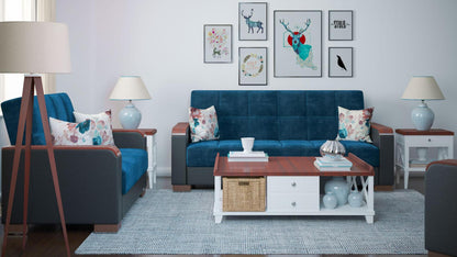 Modern design, Snorkel Blue, Black , Microfiber, Artificial Leather upholstered convertible sleeper Sofabed with underseat storage from Voyage Luxe by Ottomanson in living room lifestyle setting with another piece of furniture. This Sofabed measures 90 inches width by 36 inches depth by 41 inches height.