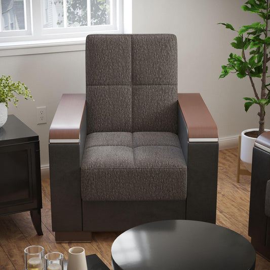 Modern design, Dark Slate Gray, Black , Chenille, Artificial Leather upholstered convertible Armchair with underseat storage from Voyage Luxe by Ottomanson in living room lifestyle setting by itself. This Armchair measures 38 inches width by 36 inches depth by 41 inches height.