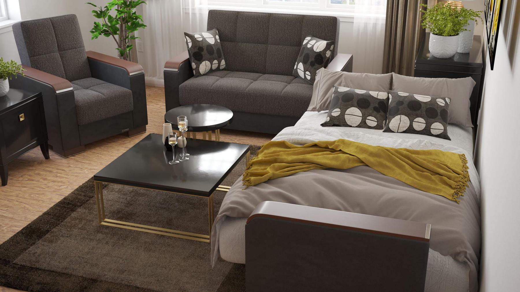 Modern design, Dark Slate Gray, Black , Chenille, Artificial Leather  upholstered convertible Armchair with underseat storage from Voyage Luxe by Ottomanson in living room lifestyle setting converted to sleeper. This Armchair measures 38 inches width by 36 inches depth by 41 inches height.