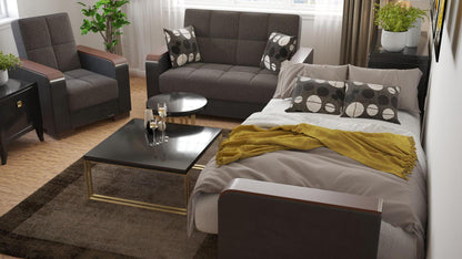 Modern design, Dark Slate Gray, Black , Chenille, Artificial Leather  upholstered convertible Armchair with underseat storage from Voyage Luxe by Ottomanson in living room lifestyle setting converted to sleeper. This Armchair measures 38 inches width by 36 inches depth by 41 inches height.
