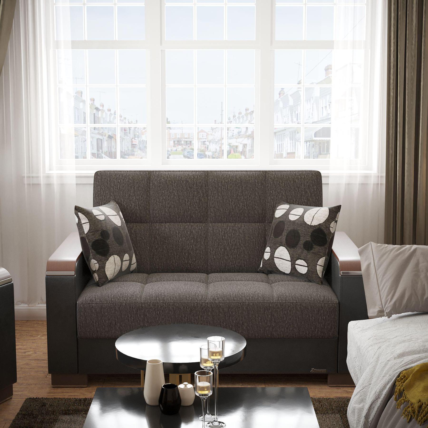 Modern design, Dark Slate Gray, Black , Chenille, Artificial Leather upholstered convertible sleeper Loveseat with underseat storage from Voyage Luxe by Ottomanson in living room lifestyle setting by itself. This Loveseat measures 67 inches width by 36 inches depth by 41 inches height.