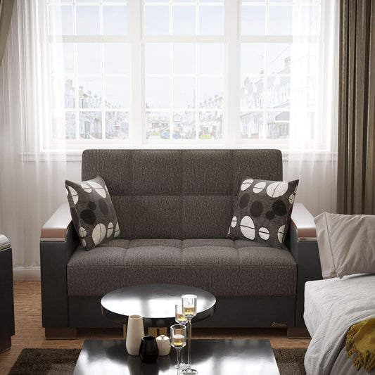 Modern design, Dark Slate Gray, Black , Chenille, Artificial Leather upholstered convertible sleeper Loveseat with underseat storage from Voyage Luxe by Ottomanson in living room lifestyle setting by itself. This Loveseat measures 67 inches width by 36 inches depth by 41 inches height.