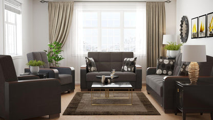 Modern design, Dark Slate Gray, Black , Chenille, Artificial Leather upholstered convertible sleeper Loveseat with underseat storage from Voyage Luxe by Ottomanson in living room lifestyle setting with the matching furniture set. This Loveseat measures 67 inches width by 36 inches depth by 41 inches height.