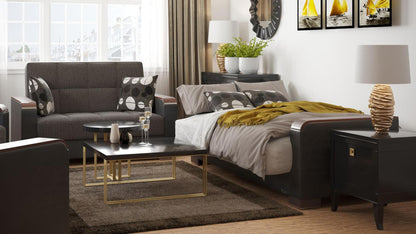 Modern design, Dark Slate Gray, Black , Chenille, Artificial Leather  upholstered convertible sleeper Loveseat with underseat storage from Voyage Luxe by Ottomanson in living room lifestyle setting converted to sleeper. This Loveseat measures 67 inches width by 36 inches depth by 41 inches height.