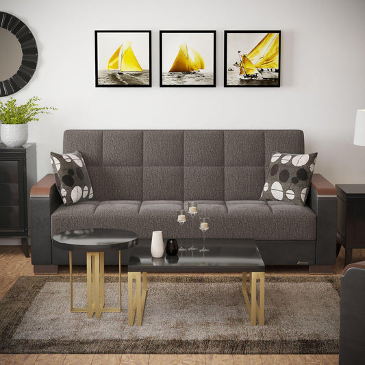 Modern design, Dark Slate Gray, Black , Chenille, Artificial Leather upholstered convertible sleeper Sofabed with underseat storage from Voyage Luxe by Ottomanson in living room lifestyle setting by itself. This Sofabed measures 90 inches width by 36 inches depth by 41 inches height.