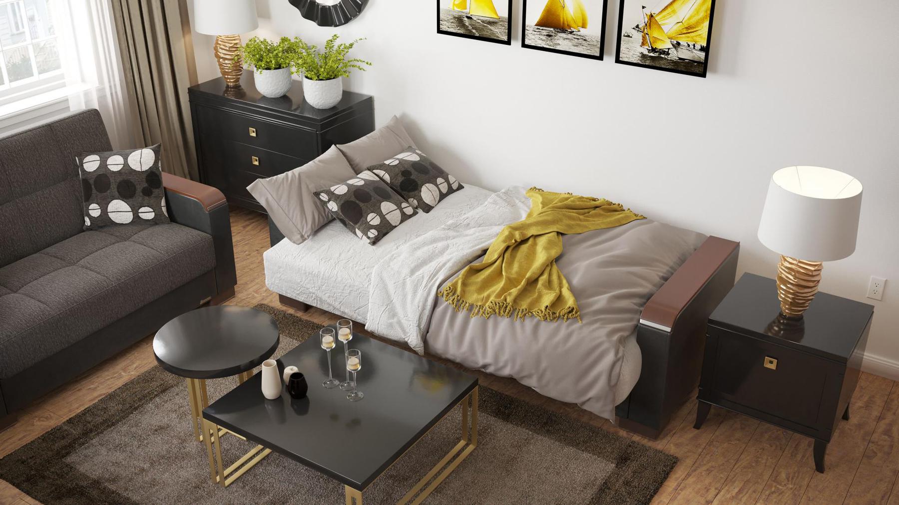 Modern design, Dark Slate Gray, Black , Chenille, Artificial Leather  upholstered convertible sleeper Sofabed with underseat storage from Voyage Luxe by Ottomanson in living room lifestyle setting converted to sleeper. This Sofabed measures 90 inches width by 36 inches depth by 41 inches height.