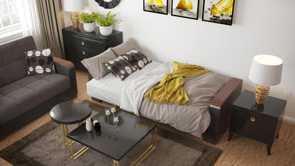 Modern design, Dark Slate Gray, Black , Chenille, Artificial Leather  upholstered convertible sleeper Sofabed with underseat storage from Voyage Luxe by Ottomanson in living room lifestyle setting converted to sleeper. This Sofabed measures 90 inches width by 36 inches depth by 41 inches height.