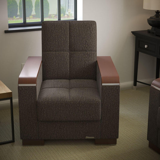 Modern design, Dark Slate Gray , Chenille upholstered convertible Armchair with underseat storage from Voyage Luxe by Ottomanson in living room lifestyle setting by itself. This Armchair measures 38 inches width by 36 inches depth by 41 inches height.