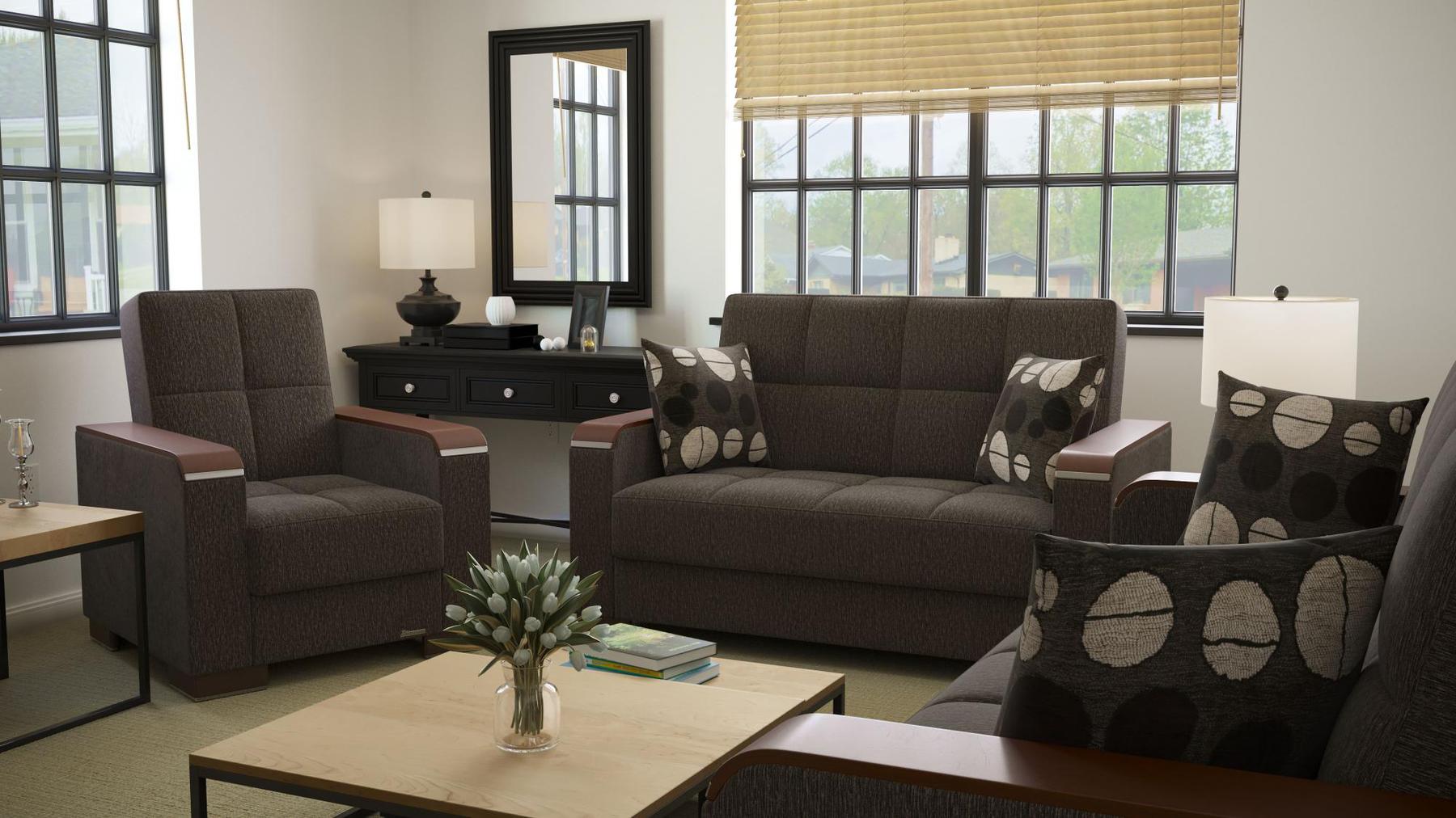 Modern design, Dark Slate Gray , Chenille upholstered convertible Armchair with underseat storage from Voyage Luxe by Ottomanson in living room lifestyle setting with another piece of furniture. This Armchair measures 38 inches width by 36 inches depth by 41 inches height.