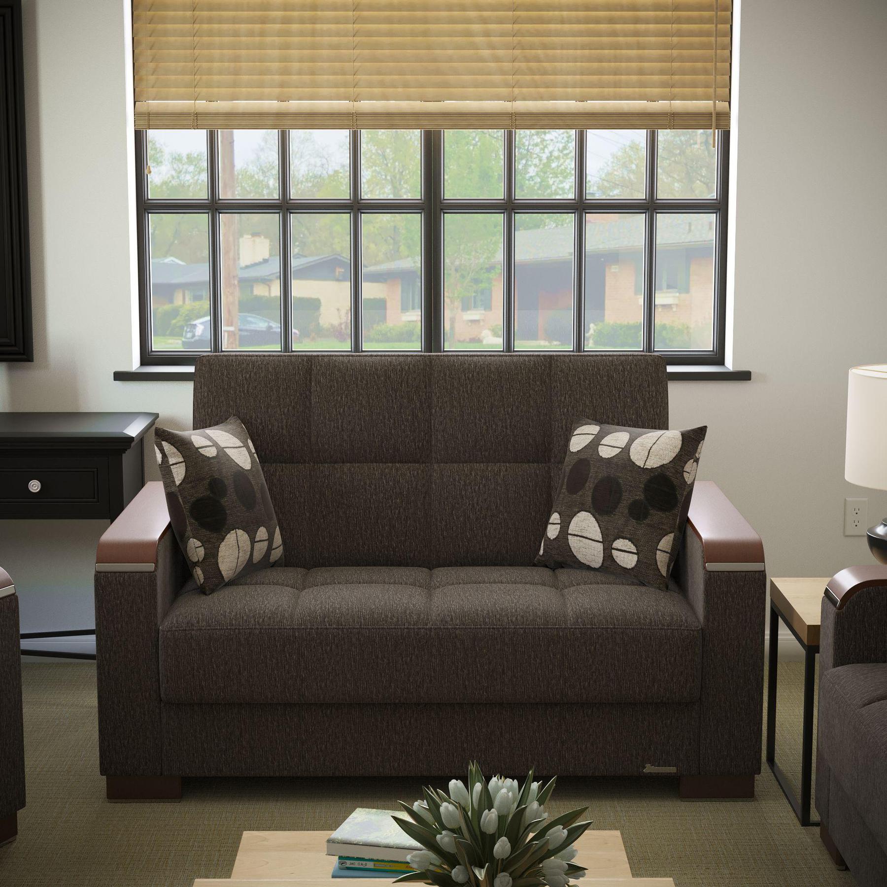 Modern design, Dark Slate Gray , Chenille upholstered convertible sleeper Loveseat with underseat storage from Voyage Luxe by Ottomanson in living room lifestyle setting by itself. This Loveseat measures 67 inches width by 36 inches depth by 41 inches height.