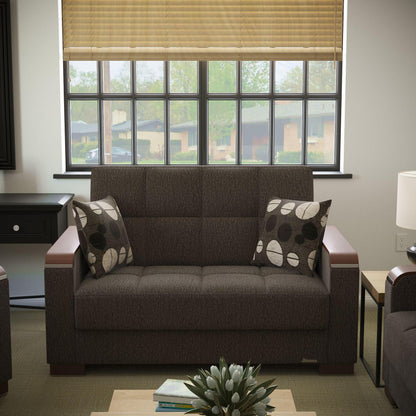 Modern design, Dark Slate Gray , Chenille upholstered convertible sleeper Loveseat with underseat storage from Voyage Luxe by Ottomanson in living room lifestyle setting by itself. This Loveseat measures 67 inches width by 36 inches depth by 41 inches height.