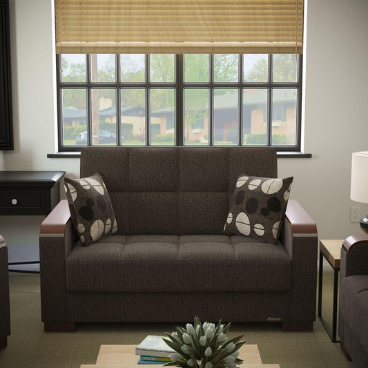 Modern design, Dark Slate Gray , Chenille upholstered convertible sleeper Loveseat with underseat storage from Voyage Luxe by Ottomanson in living room lifestyle setting by itself. This Loveseat measures 67 inches width by 36 inches depth by 41 inches height.