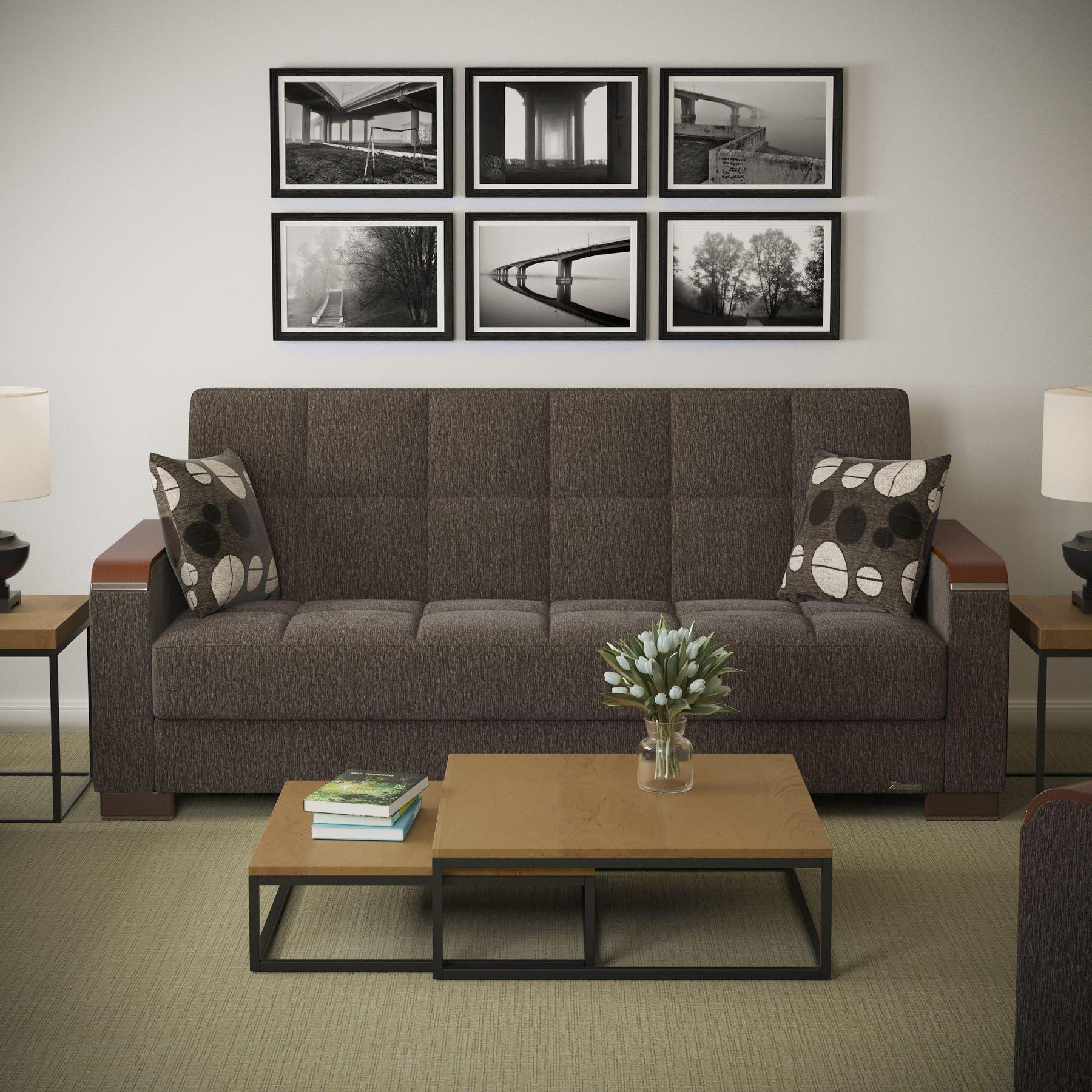 Modern design, Dark Slate Gray , Chenille upholstered convertible sleeper Sofabed with underseat storage from Voyage Luxe by Ottomanson in living room lifestyle setting by itself. This Sofabed measures 90 inches width by 36 inches depth by 41 inches height.