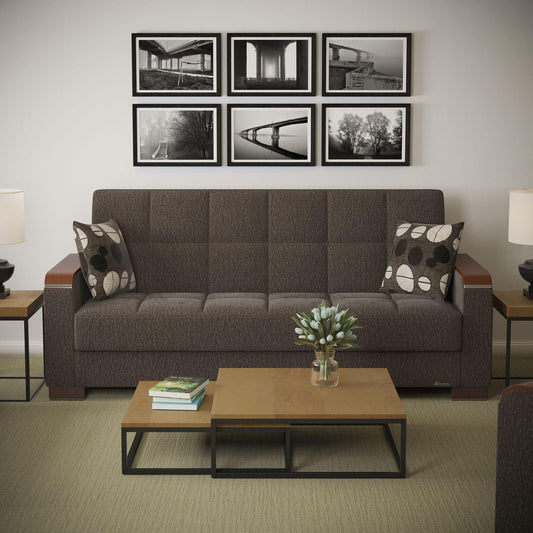 Modern design, Dark Slate Gray , Chenille upholstered convertible sleeper Sofabed with underseat storage from Voyage Luxe by Ottomanson in living room lifestyle setting by itself. This Sofabed measures 90 inches width by 36 inches depth by 41 inches height.