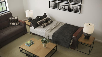 Modern design, Dark Slate Gray , Chenille  upholstered convertible sleeper Sofabed with underseat storage from Voyage Luxe by Ottomanson in living room lifestyle setting converted to sleeper. This Sofabed measures 90 inches width by 36 inches depth by 41 inches height.
