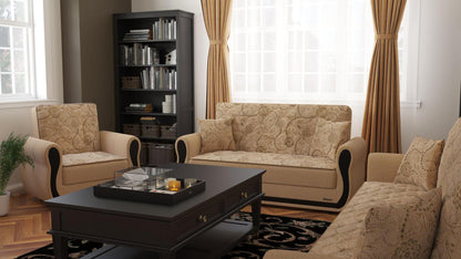Modern design, Linen Color , Chenille upholstered convertible Armchair with underseat storage from Victoria Urban by Ottomanson in living room lifestyle setting with another piece of furniture. This Armchair measures 39 inches width by 28 inches depth by 38 inches height.