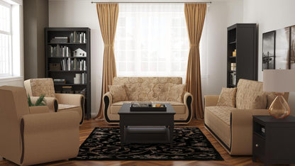 Modern design, Linen Color , Chenille upholstered convertible Armchair with underseat storage from Victoria Urban by Ottomanson in living room lifestyle setting with the matching furniture set. This Armchair measures 39 inches width by 28 inches depth by 38 inches height.