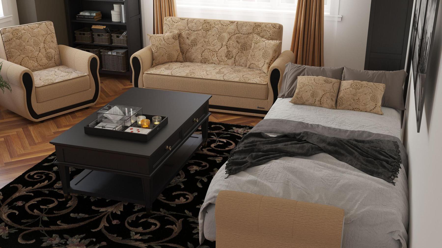 Modern design, Linen Color , Chenille  upholstered convertible Armchair with underseat storage from Victoria Urban by Ottomanson in living room lifestyle setting converted to sleeper. This Armchair measures 39 inches width by 28 inches depth by 38 inches height.