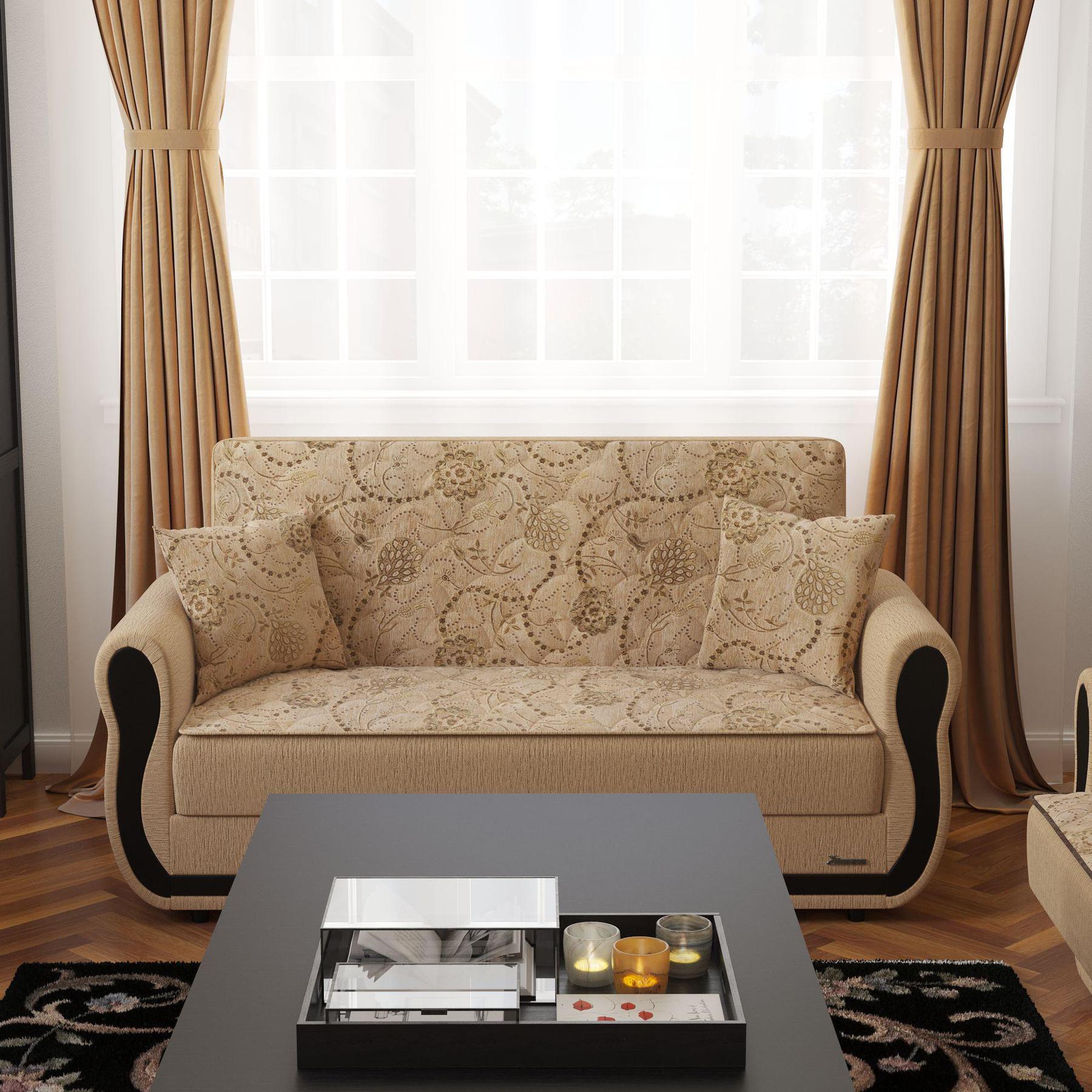 Modern design, Linen Color , Chenille upholstered convertible sleeper Loveseat with underseat storage from Victoria Urban by Ottomanson in living room lifestyle setting by itself. This Loveseat measures 70 inches width by 28 inches depth by 38 inches height.