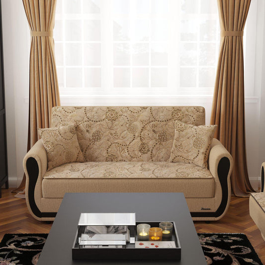 Modern design, Linen Color , Chenille upholstered convertible sleeper Loveseat with underseat storage from Victoria Urban by Ottomanson in living room lifestyle setting by itself. This Loveseat measures 70 inches width by 28 inches depth by 38 inches height.