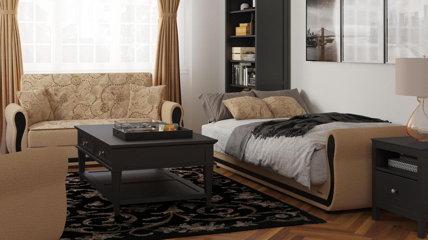 Modern design, Linen Color , Chenille  upholstered convertible sleeper Loveseat with underseat storage from Victoria Urban by Ottomanson in living room lifestyle setting converted to sleeper. This Loveseat measures 70 inches width by 28 inches depth by 38 inches height.