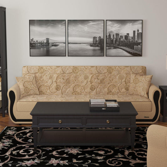 Modern design, Linen Color , Chenille upholstered convertible sleeper Sofabed with underseat storage from Victoria Urban by Ottomanson in living room lifestyle setting by itself. This Sofabed measures 90 inches width by 28 inches depth by 38 inches height.