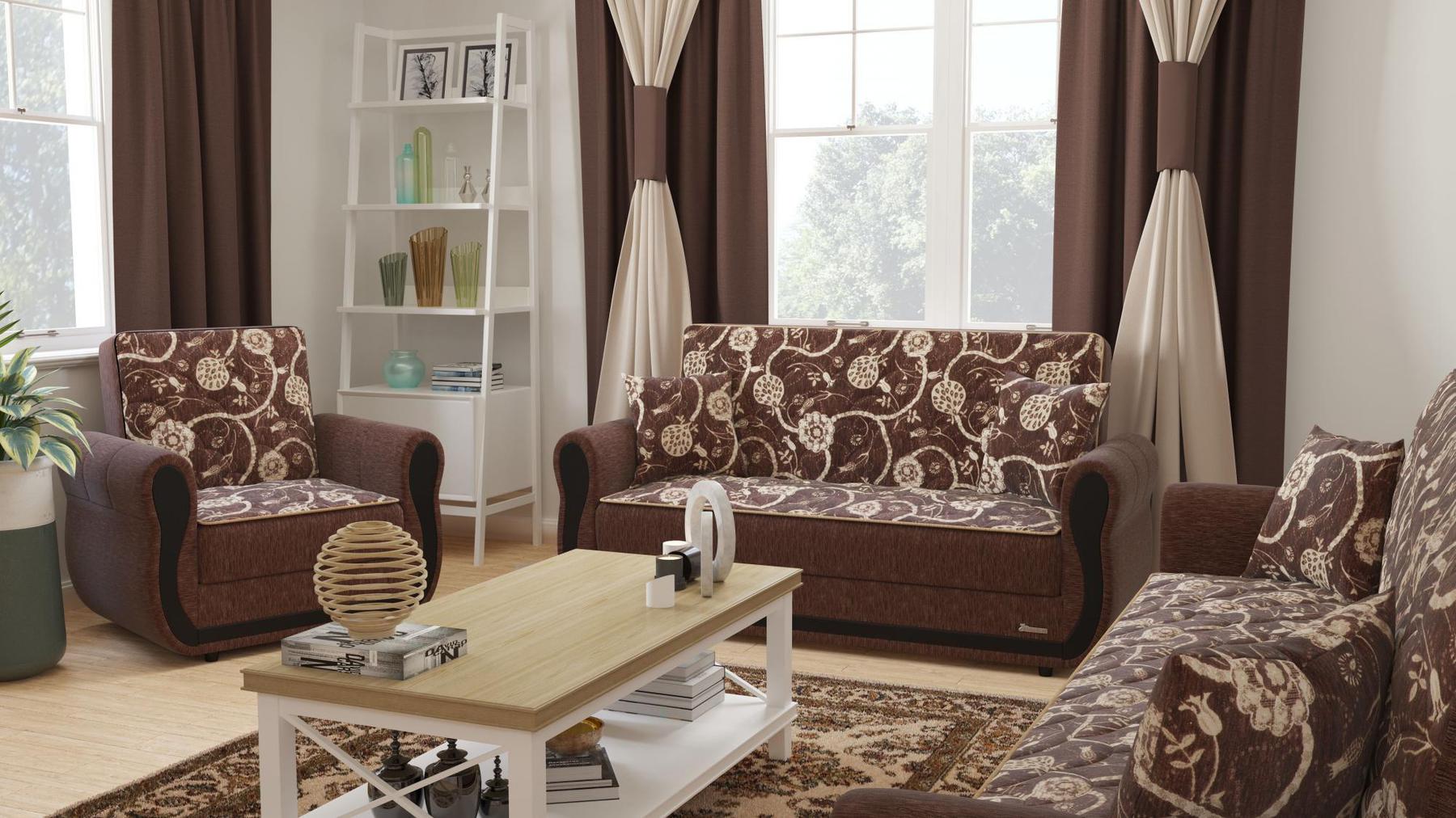 Modern design, Royal Brown , Chenille upholstered convertible Armchair with underseat storage from Victoria Urban by Ottomanson in living room lifestyle setting with another piece of furniture. This Armchair measures 39 inches width by 28 inches depth by 38 inches height.