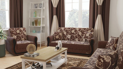 Modern design, Royal Brown , Chenille upholstered convertible Armchair with underseat storage from Victoria Urban by Ottomanson in living room lifestyle setting with another piece of furniture. This Armchair measures 39 inches width by 28 inches depth by 38 inches height.