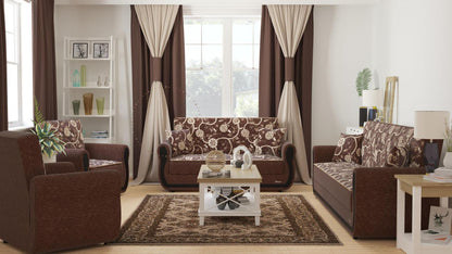 Modern design, Royal Brown , Chenille upholstered convertible Armchair with underseat storage from Victoria Urban by Ottomanson in living room lifestyle setting with the matching furniture set. This Armchair measures 39 inches width by 28 inches depth by 38 inches height.