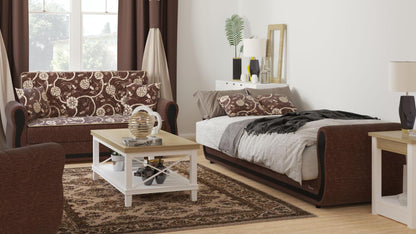 Modern design, Royal Brown , Chenille  upholstered convertible sleeper Loveseat with underseat storage from Victoria Urban by Ottomanson in living room lifestyle setting converted to sleeper. This Loveseat measures 70 inches width by 28 inches depth by 38 inches height.