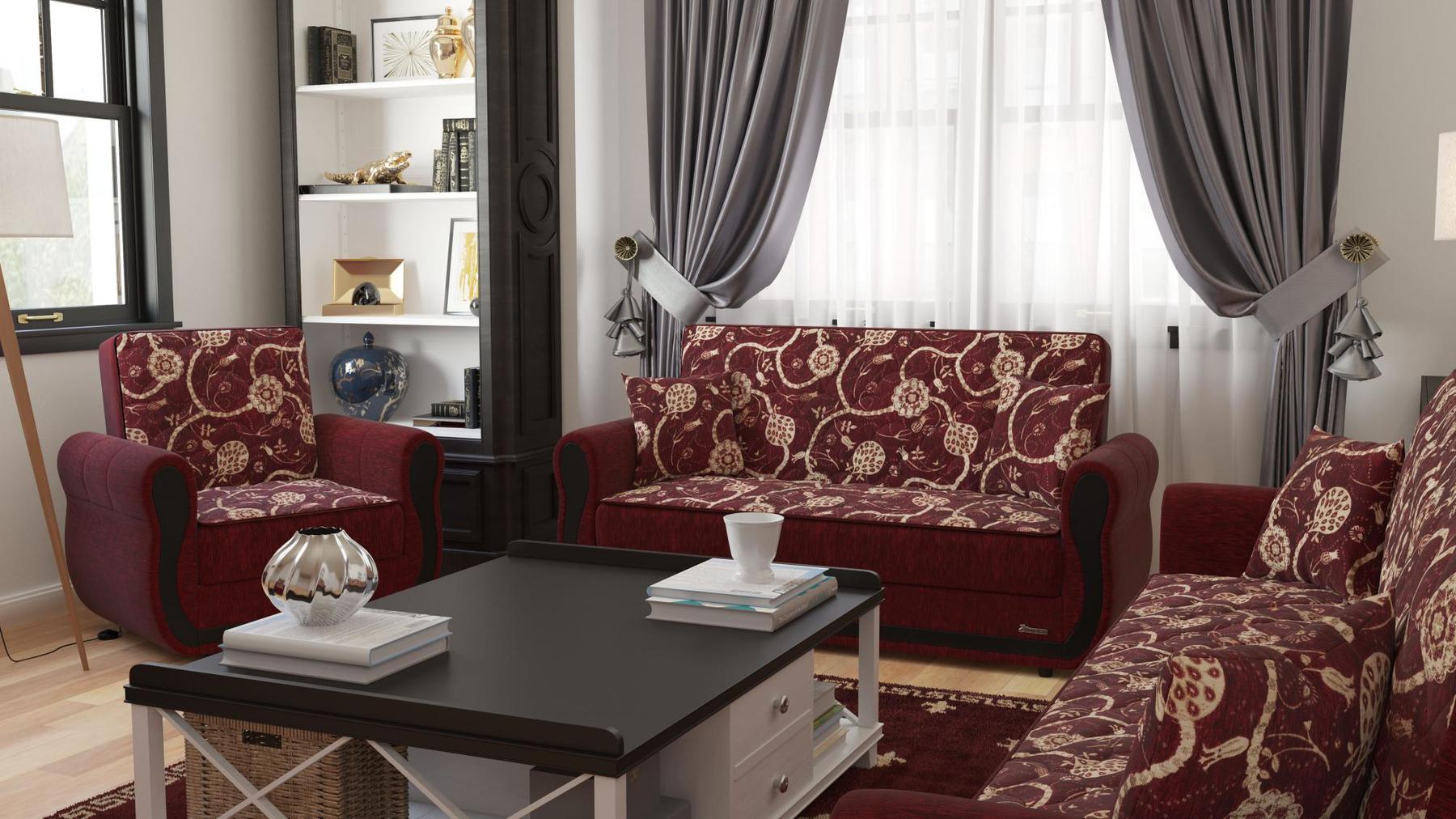 Modern design, Burgundy , Chenille upholstered convertible Armchair with underseat storage from Victoria Urban by Ottomanson in living room lifestyle setting with another piece of furniture. This Armchair measures 39 inches width by 28 inches depth by 38 inches height.