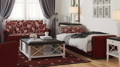 Modern design, Burgundy , Chenille  upholstered convertible sleeper Loveseat with underseat storage from Victoria Urban by Ottomanson in living room lifestyle setting converted to sleeper. This Loveseat measures 70 inches width by 28 inches depth by 38 inches height.