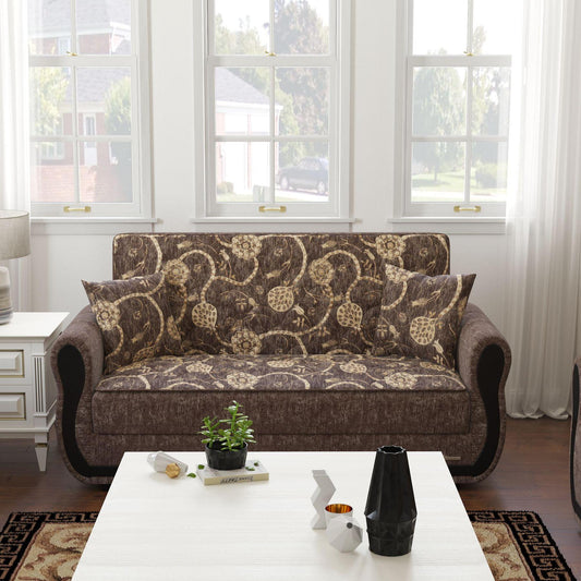 Modern design, Silver , Chenille upholstered convertible sleeper Loveseat with underseat storage from Victoria Urban by Ottomanson in living room lifestyle setting by itself. This Loveseat measures 70 inches width by 28 inches depth by 38 inches height.